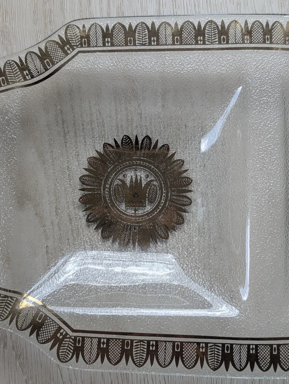 Vintage Georges Briard Glass Tray, Teak Handles, Gold & Brown Design.